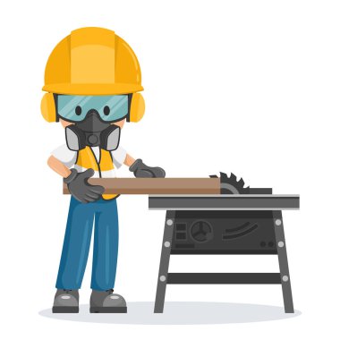 Industrial cabinetmaker or carpenter worker in his personal protective equipment using a wood saw. Industrial safety and occupational health at work