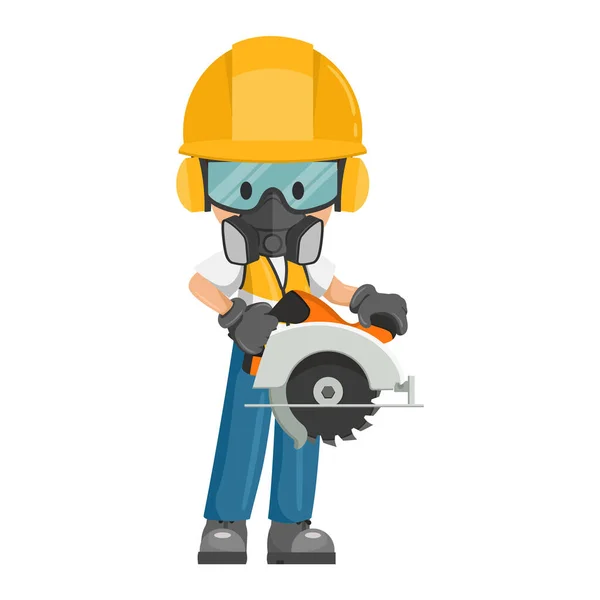 Industrial Cabinetmaker Carpenter Worker His Personal Protective Equipment Using Circular — Stock Vector