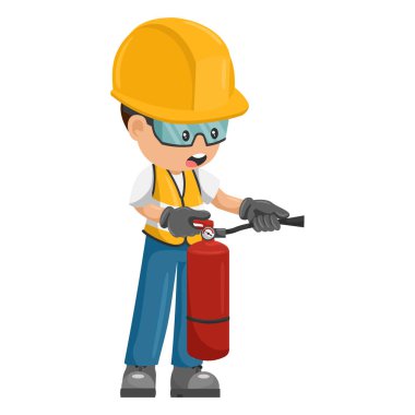 Industrial worker using a fire extinguisher with his personal protective equipment. Industrial safety and occupational health at work