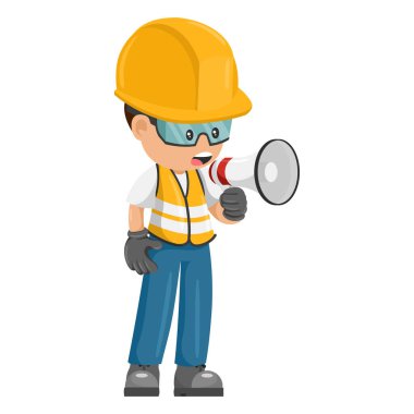 Industrial construction worker making an announcement with a megaphone. Site supervisor engineer with personal protective equipment. Industrial safety and occupational health at work