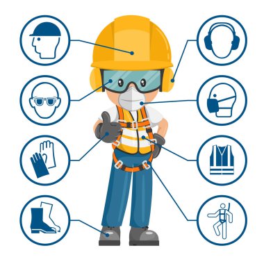 Construction industrial worker with personal protective equipment and icons, safety pictograms. Industrial safety and occupational health at work