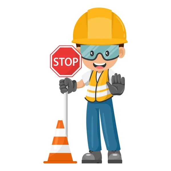 Industrial Construction Worker Stop Warning Sign Safety Cone Worker His — Stockový vektor