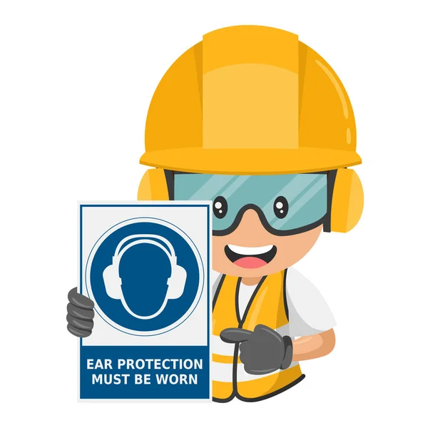 Industrial Construction Worker Mandatory Use Earmuffs Warning Sign Ear Protection — Stock Vector