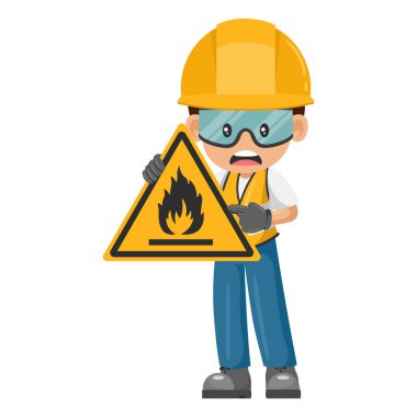 Industrial worker with flammable material hazard sign warning. Caution pictogram and icon. Worker with personal protective equipment. Industrial safety and occupational health at work