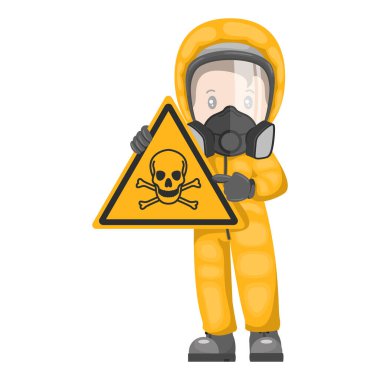 Industrial worker with toxic material hazard sign warning. Dangerous chemicals caution icon and pictogram. Protective suit and respirators. Industrial safety and occupational health at work