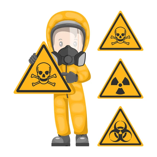 Industrial Worker Sign Warning Toxic Radioactive Biological Material Hazards Caution — ストックベクタ