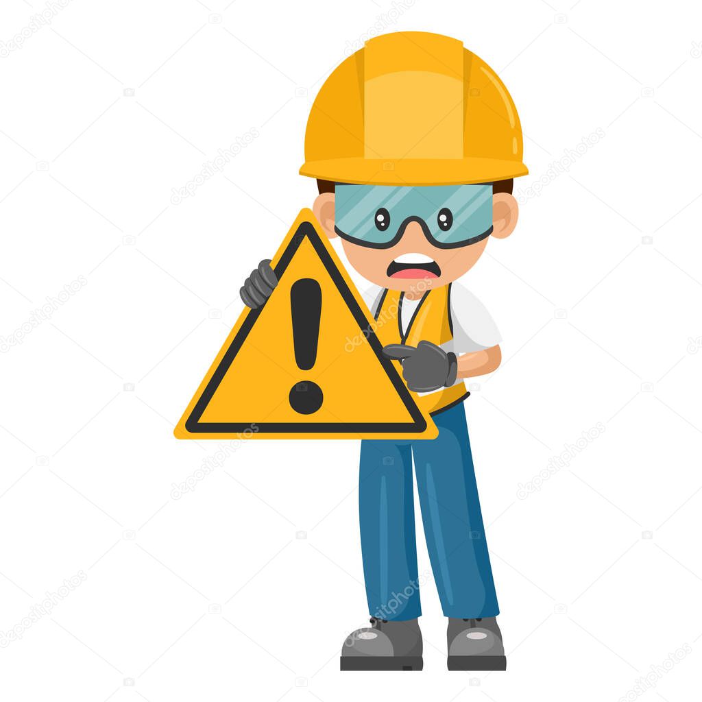 Industrial worker with danger sign warning. Caution pictogram and icon. Worker with personal protective equipment. Industrial safety and occupational health at work