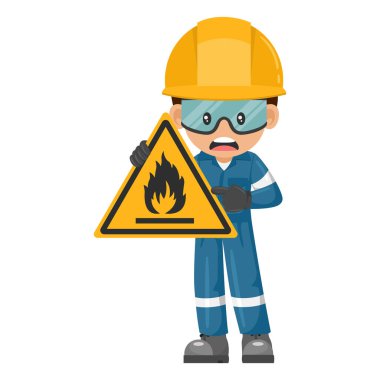 Industrial worker with flammable material hazard sign warning. Caution pictogram and icon. Worker with personal protective equipment. Industrial safety and occupational health at work