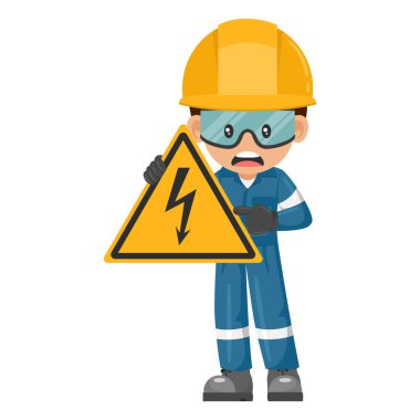 Industrial worker with electrical hazard sign warning. Caution pictogram and icon. Worker with personal protective equipment. Industrial safety and occupational health at work