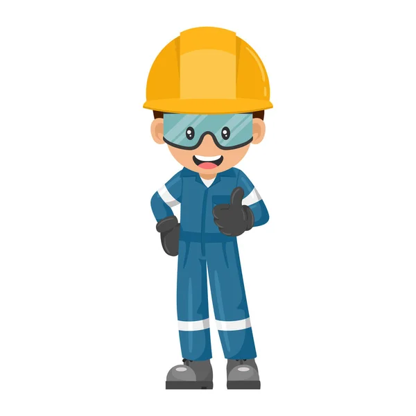 Industrial Worker Blue Industrial Overalls Thumb Engineer His Personal Protective — Stock Vector