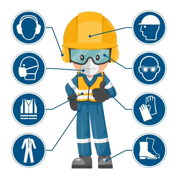 具有个人防护设备和图标 安全象形文字的产业工人 工作场所的工业安全和职业健康 — 图库矢量图片