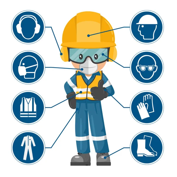 Trabajador Industrial Con Equipo Protección Individual Iconos Pictogramas Seguridad Seguridad — Vector de stock