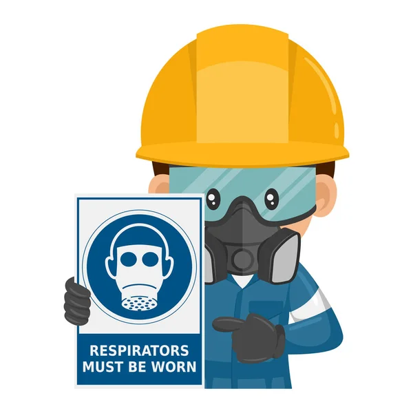 呼吸器の強制使用のための警告標識を持つ産業労働者 呼吸器を着用する必要があります 職場における労働安全衛生 — ストックベクタ