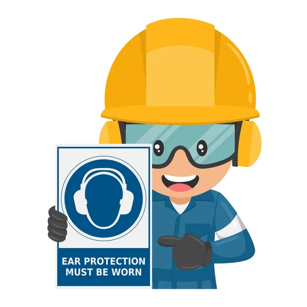 Industriearbeiter Mit Obligatorischem Warnschild Für Ohrenschützer Gehörschutz Muss Getragen Werden — Stockvektor