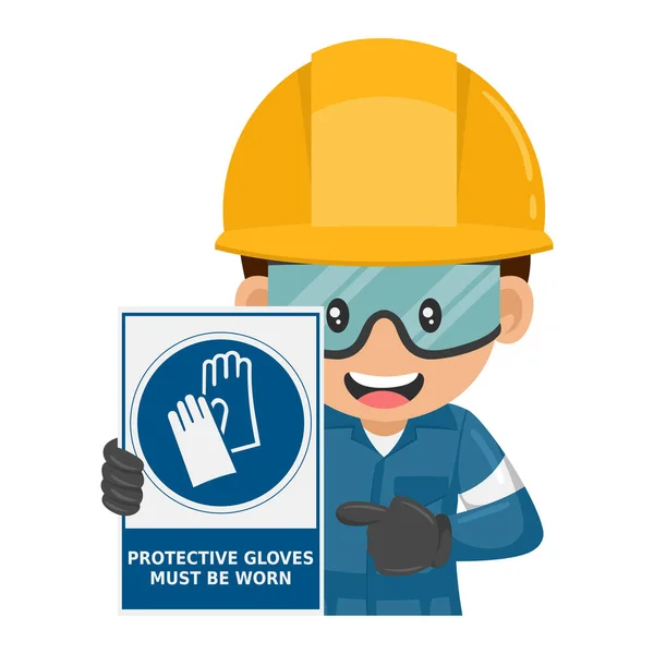Industriarbetare Med Obligatorisk Användning Handskar Varningsskylt Skyddshandskar Måste Användas Arbetarskydd — Stock vektor