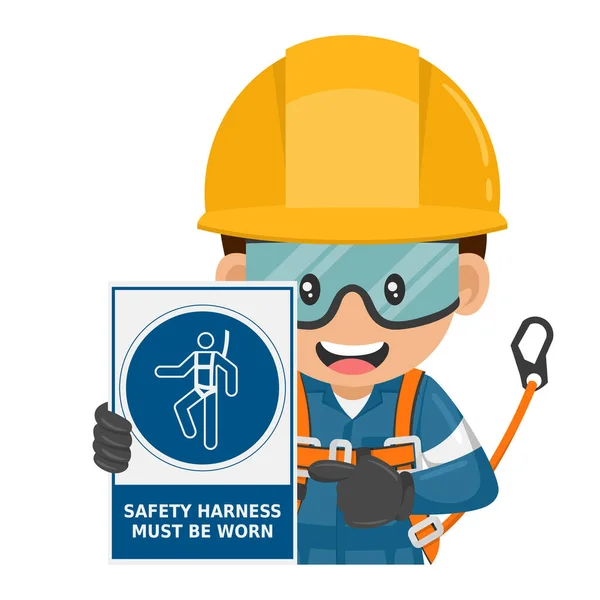 具有安全安全带的产业工人必须使用警告标志 必须戴上安全带 工作场所的工业安全和职业健康 — 图库矢量图片