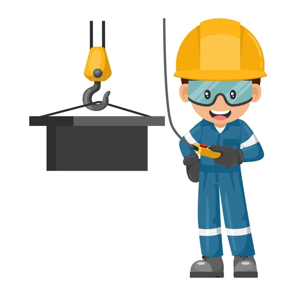 Industrial Construction Worker Using Overhead Crane Move Piece Metal Worker — Stock Vector