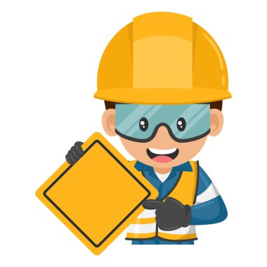 Metin için fotokopi alanı olan bir uyarı levhası olan endüstri işçisi. İş yerinde sanayi güvenliği ve iş sağlığı