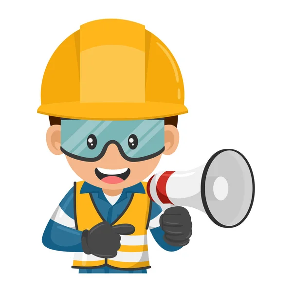 Industrial Worker Making Announcement Megaphone Site Supervisor Engineer Personal Protective — Stock Vector