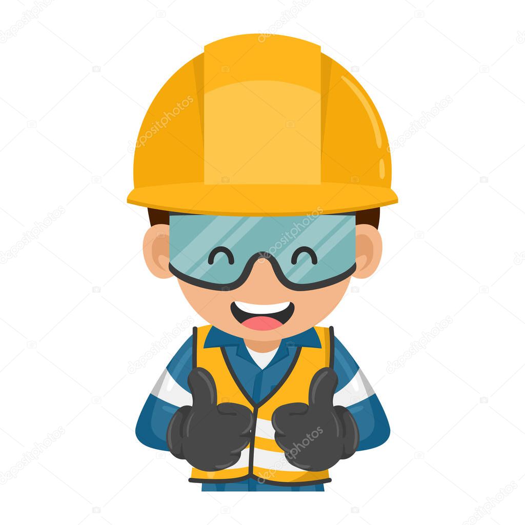 Industrial worker in blue industrial coverall with thumb up. Engineer with his personal protective equipment. Industrial safety and occupational health at work