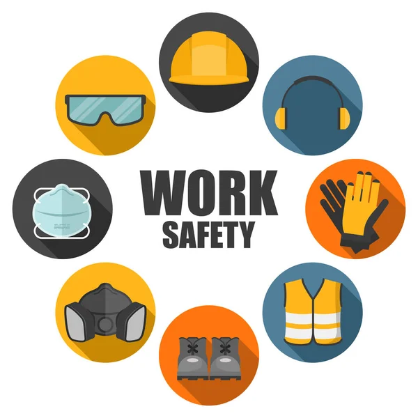 産業安全と労働安全衛生のアイコンを設定します 職業上のリスクや事故の防止のための個人保護具 作業安全 — ストックベクタ