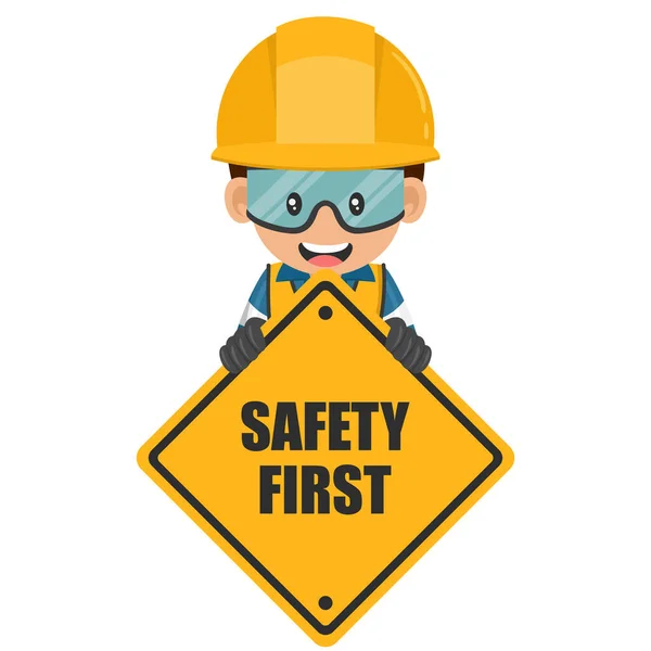 Industrial Worker Holding Safety First Sign Engineer His Personal Protective — Stock Vector