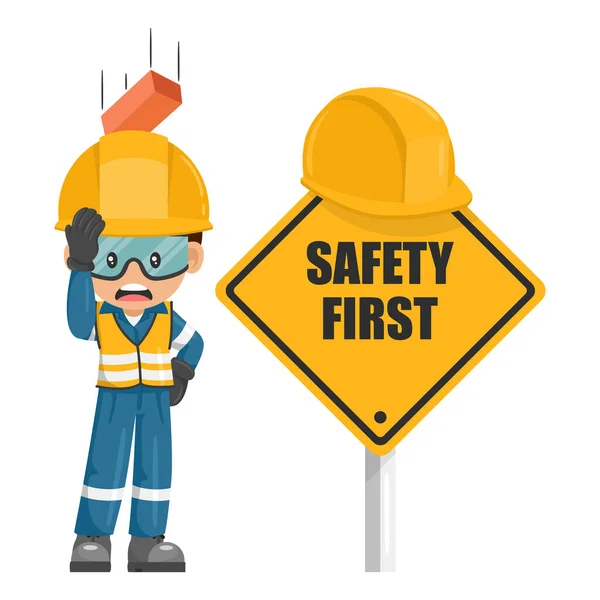 砖头落在产业工人头上的工伤事故 工程师个人防护设备 安全第一标志 工作场所的工业安全和职业健康 — 图库矢量图片
