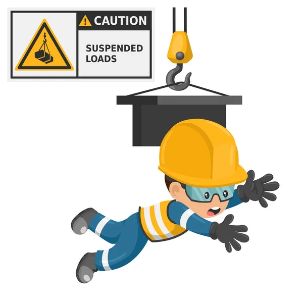 Trabajador Industrial Con Señales Peligro Cargas Suspendidas Icono Precaución Pictograma — Vector de stock