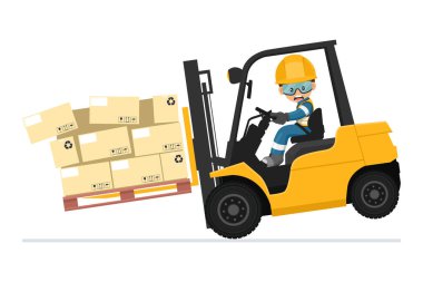 Forklift kullanmanın tehlikeleri. Forklift kamyonuna kutular düşen bir kazada sanayi işçisi. Bir depoda iş kazası. Önce güvenlik. Endüstriyel Güvenlik ve İş Sağlığı
