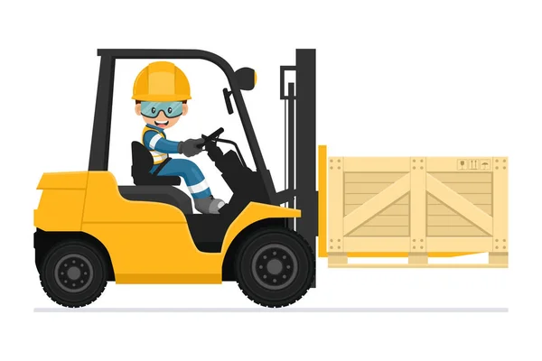 産業労働者は慎重にフォークリフトを運転する 倉庫に木製の箱包装パレットを運ぶ黄色のフォークリフトトラック 製品の産業貯蔵と流通 産業安全 — ストックベクタ