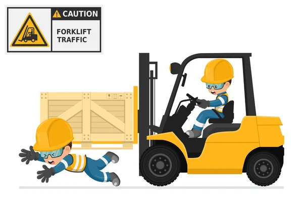 Bir işçiye kazada forklift kullanan sanayi işçisi. Forklift trafiği için tehlike ve uyarı işareti. Bir depoda iş kazası. Önce güvenlik. Endüstriyel Güvenlik ve İş Sağlığı