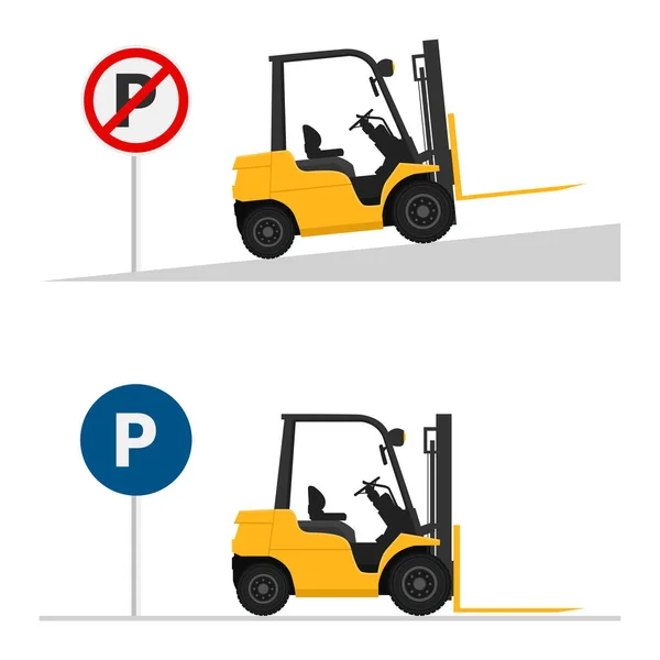 Estacionar Correctamente Carretilla Elevadora Superficies Planas Pendientes Seguridad Manejo Una — Vector de stock