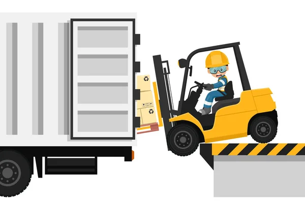 Forklift 'in bir kargo kamyonuna yükleme paletini ters çevirmesi. Kabinin içinde kal. Çatal kaldırma aracını kullanırken güvenlik. Önce güvenlik. İş kazası. Endüstriyel Güvenlik ve İş Sağlığı