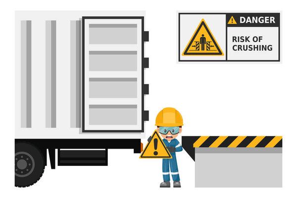 Опасность разрыва между транспортным средством и погрузочной платформой. Опасность падения. Знак безопасности и пиктограмма. Предотвращение несчастных случаев. Безопасность прежде всего. Промышленная безопасность и охрана труда