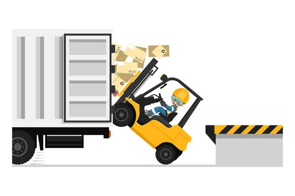 Çatal kaldırma aracını kullanırken güvenlik. Forklift ters dönüyor. Kamyonun sürücüsüyle temas kurun ki hareket etmesin. Önce güvenlik. İş kazası. Endüstriyel Güvenlik ve İş Sağlığı