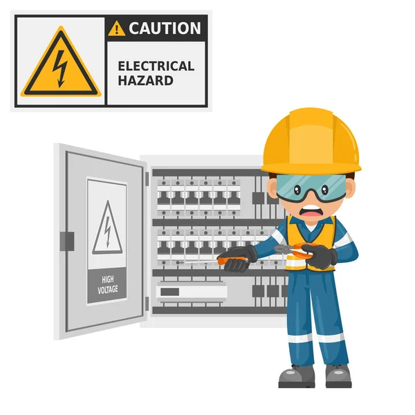 Cuidado Perigo Eléctrico Trabalhador Eletricista Industrial Manipulando Caixa Elétrica Painel — Vetor de Stock