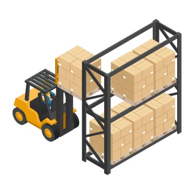 Itrik bir forklift, bir paletin üzerine yığılmış kutuları endüstriyel bir depo rafına taşıyor. Çatal kaldırma aracını kullanırken güvenlik. Ürünlerin depolanması ve dağıtımının endüstriyel lojistiği