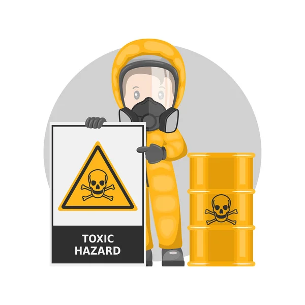 具有有毒物质危险标志警告的产业工人 Barrel Toxic Materials 有毒危险 危险物质和材料的管理 工作场所的工业安全和职业健康 — 图库矢量图片