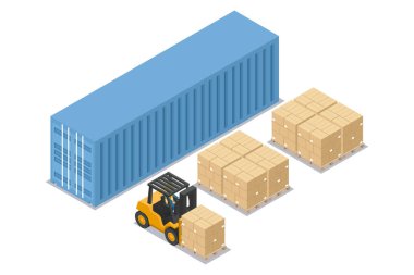 Isome 'ın forklift' i boşaltılan rıhtımdaki mavi konteynırdan yüklenmiş kutuları paletin üzerine boşaltıyor. Çatal kaldırma aracını kullanırken güvenlik. Ürünlerin depolanması ve dağıtımının endüstriyel lojistiği