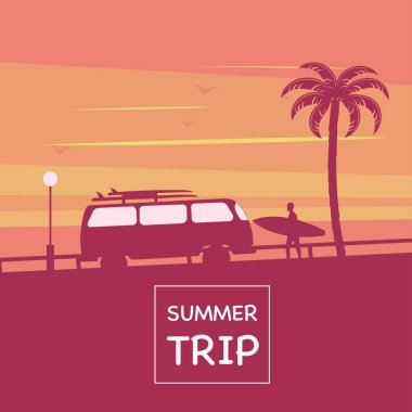 Palmiyeli, gökyüzü ve otobüslü tropikal arka planlar. Summer, Surfboad, deniz feneri deniz feneri Mutlu Adam Sahilde Tatilin tadını çıkarıyor. Palmiyeler ve Dağlar Vector Illustration poster afişi izole edilmiş..