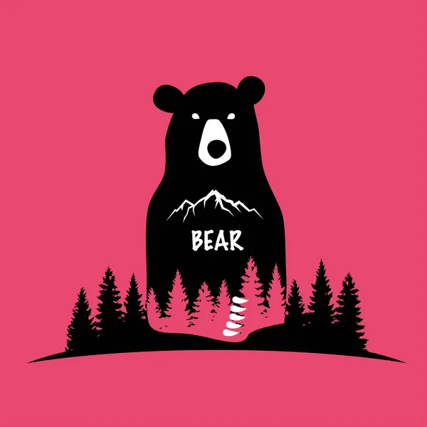 带熊的矢量图解 带松树的野生和自然山水景观 森林游览 带动物的地形图海报 图库插图
