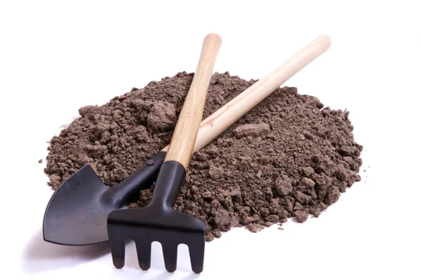 Soil for seedling and tools — Stock Photo, Image