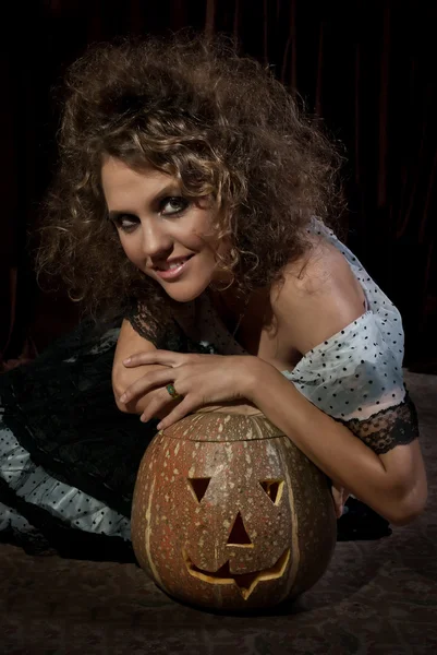 Girl in dressed with pumpkin halloween — Stock Photo, Image