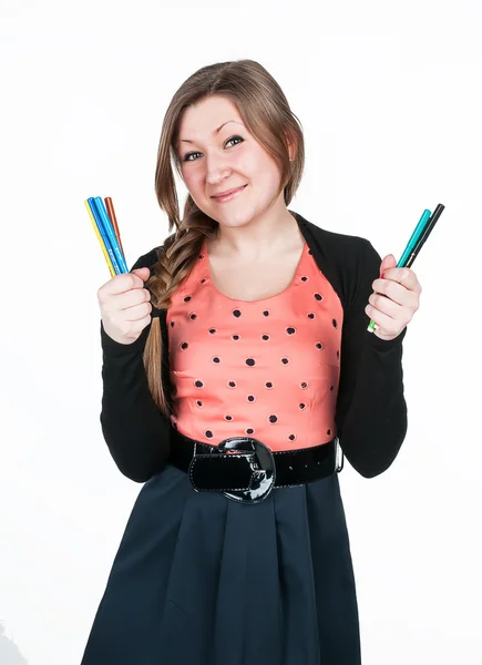 Meisje met potlood op witte achtergrond — Stockfoto
