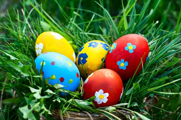 Uova di Pasqua in un cesto — Foto Stock