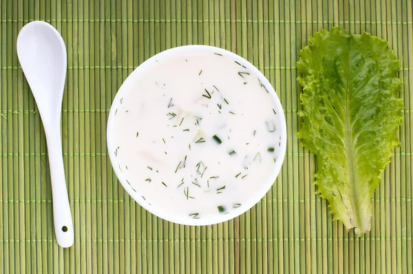 Close-up van Russische koude groentesoep op yoghurt (zure-melk) base - Okrosjka — Stockfoto