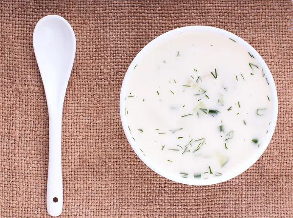 Close-up of russian cold vegetable soup on yoghurt (sour-milk) base - okroshka — Stock Photo, Image