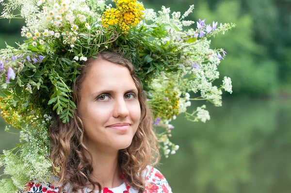 Serie von Nahaufnahmen Porträt eines schönen Mädchens in einem Feld mit einem Kranz — Stockfoto