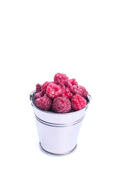 Beautiful raspberries in bucket isolated on white — Stock Photo, Image