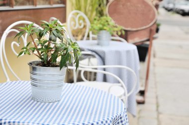 satır boş masa ve sandalyeler